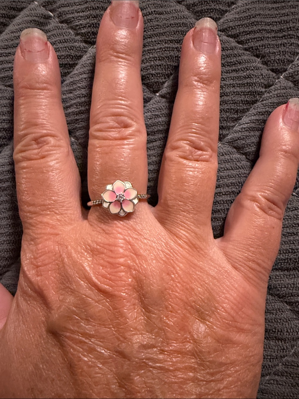 Pandora Pink and White Enamel Flower Ring